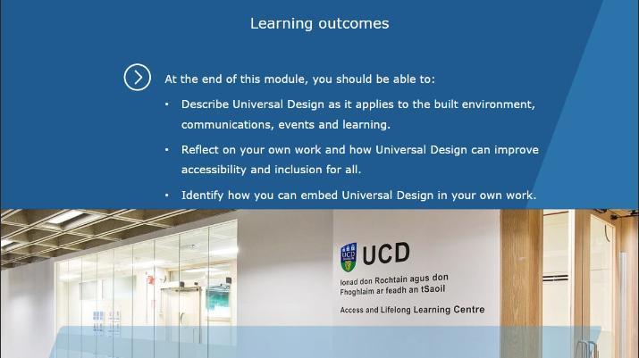 Screen showing the Introduction to Universal Design online training - learning outcomes